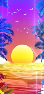 Vibrant tropical sunset with palm trees and ocean waves.