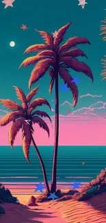 Tropical sunset wallpaper with palms and vibrant teal ocean.