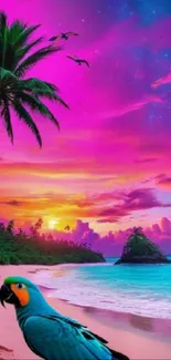 Vibrant tropical sunset with parrot on beach under purple sky.