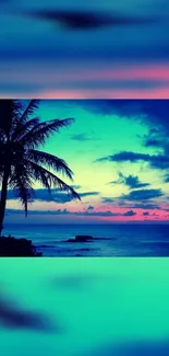 Tropical sunset wallpaper with palm and turquoise ocean.