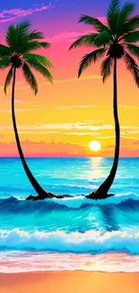 Tropical sunset wallpaper with palm trees and ocean waves in vibrant colors.