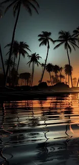 Tropical beach wallpaper with palm trees and sunset sky.