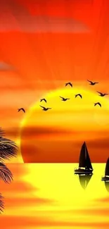 Tropical sunset with sailboats and birds on an orange-hued ocean.