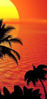 Tropical sunset wallpaper with palm silhouettes.