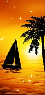 A vibrant tropical sunset with a sailboat and palm trees silhouetted against the sky.