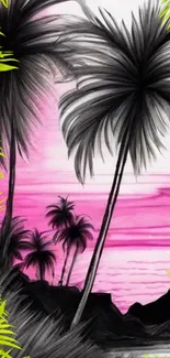 Vibrant tropical sunset with palms and pink sky wallpaper.