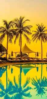 Tropical sunset with palm trees reflected in a pool.