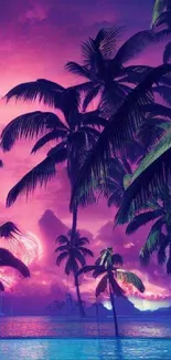 Silhouetted palm trees against a tropical purple sunset.