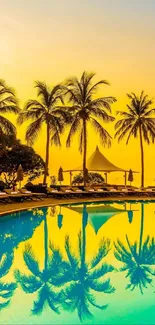Tropical sunset with palm trees reflected in a vibrant blue pool.