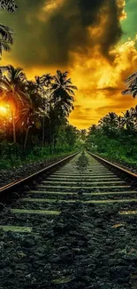 Sunset over a lush tropical railroad path.