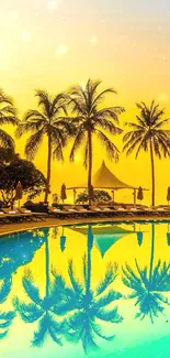 A stunning tropical sunset with palm tree reflections in a pool.