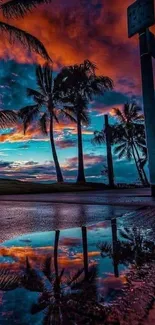 Stunning tropical sunset with palm trees and a water reflection in vibrant colors.