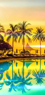 Tropical sunset with palm trees reflected in a pool, featuring vibrant yellow hues.