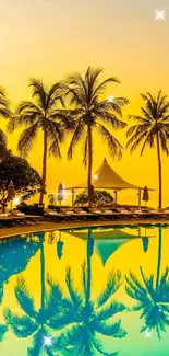 Tropical sunset with palm trees reflected in a tranquil swimming pool.