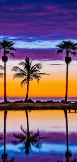 Palm trees silhouetted against a tropical sunset with vibrant colors.