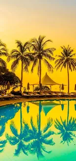 Tropical sunset with palm trees reflected in a serene pool, vibrant yellow and blue hues.