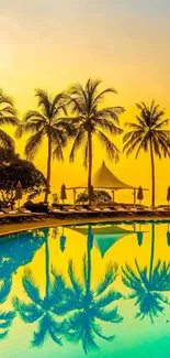 Vibrant tropical sunset with palm trees reflected in a pool.