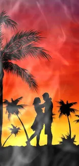 Couple's silhouette with palm trees against an orange sunset background.