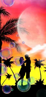 A romantic couple silhouetted against a tropical sunset with a large moon.