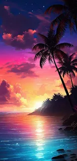 Tropical sunset with palm silhouettes and colorful sky.