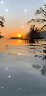 Tropical sunset with palms and reflections in calm waters.