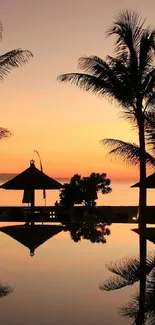 Tropical sunset with silhouetted palms and calm beach reflection.