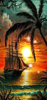 Tropical sunset with ship and palms on the ocean.