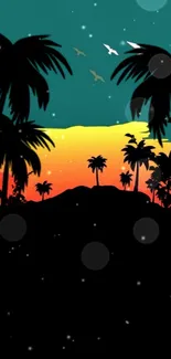 Mobile wallpaper featuring tropical sunset with palm silhouettes.