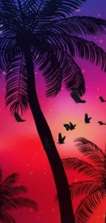 Tropical sunset with palm silhouettes set against a vibrant colorful sky.