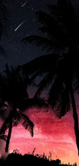 Palm tree silhouettes at sunset under a starry sky wallpaper.