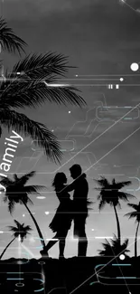 Silhouette of couple under palm trees at sunset on mobile wallpaper.