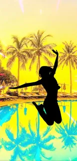 Silhouette of a person jumping in front of a vibrant tropical sunset with palm trees.