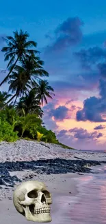 Tropical beach at sunset with skull and palm trees.