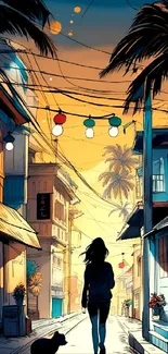 A vibrant tropical street scene with sunset hues and palm silhouettes.