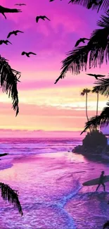 Vibrant tropical sunset with palm trees and surfer.