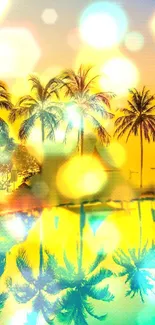 Vibrant phone wallpaper featuring a tropical beach with palm trees at sunset.