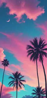 Tropical sunset with palm trees silhouette on pink and blue sky wallpaper.