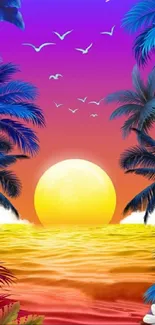 Vibrant tropical sunset with palm trees and colorful flowers.