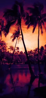 Tropical sunset with palm tree silhouettes and vibrant red sky.