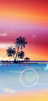 Tropical sunset with palm tree silhouettes over water.