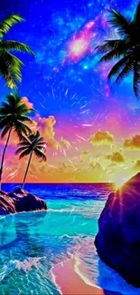 Vibrant tropical sunset with palm trees and colorful sky.