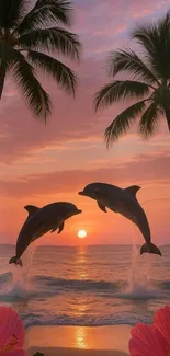 Dolphins leaping at sunset with palm trees and pink flowers on a tropical beach.