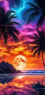 Vibrant tropical sunset with palm trees against a colorful sky.