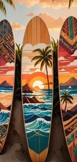 Colorful surfboards with tropical sunset art and palm trees.