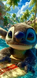 Cute cartoon creature surfing in vibrant tropical setting.