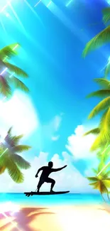 Surfer in tropical paradise with palm trees on a sunny beach wallpaper.