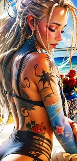 Woman with tattoos sitting by a sunlit beach, showcasing vibrant tropical artwork.