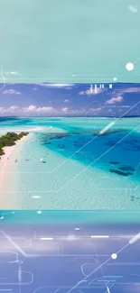 Futuristic tropical beach wallpaper with aqua blue waters and digital elements.