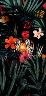 Tiger hidden in lush jungle with vibrant tropical flowers.