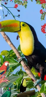 Tropical toucan perched amid vivid foliage.